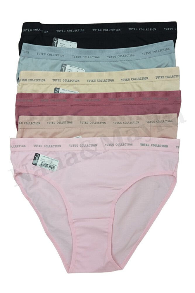 6'lı Tutku Kadın Pamuklu Beli Yazılı Lastikli Bikini Külot Karışık Renk 0599 M-L