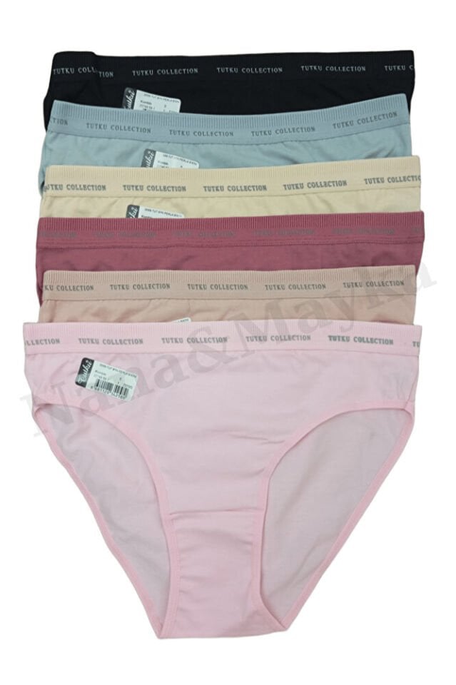 6'lı Tutku Kadın Pamuklu Beli Yazılı Lastikli Bikini Külot Karışık Renk 0599 M-L