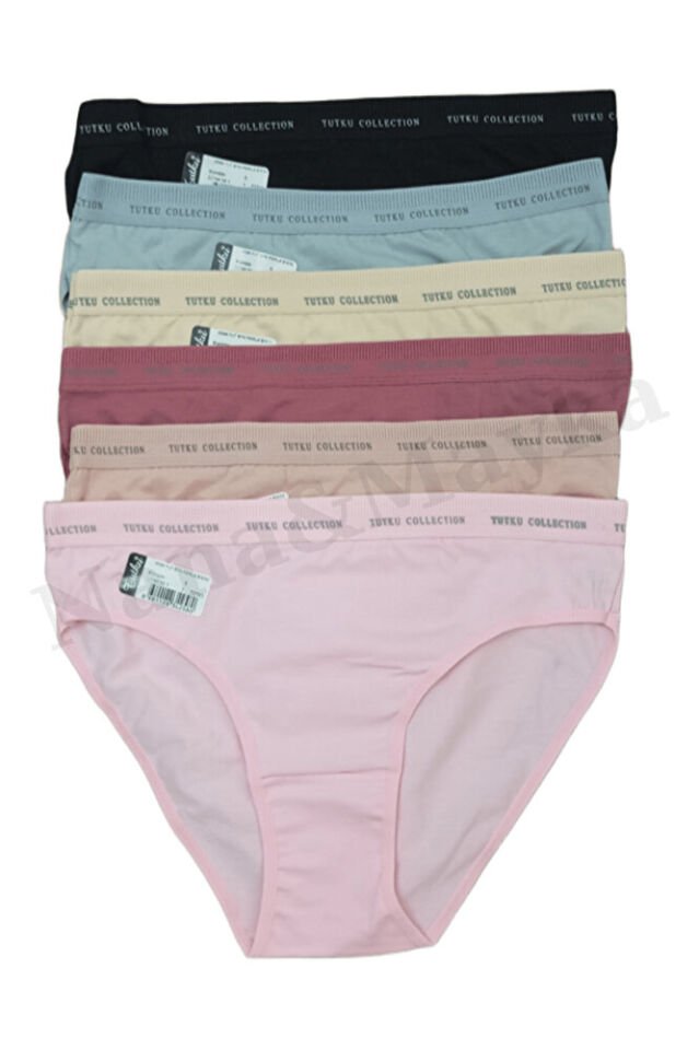 6'lı Tutku Kadın Pamuklu Beli Yazılı Lastikli Bikini Külot Karışık Renk 0599 M-L