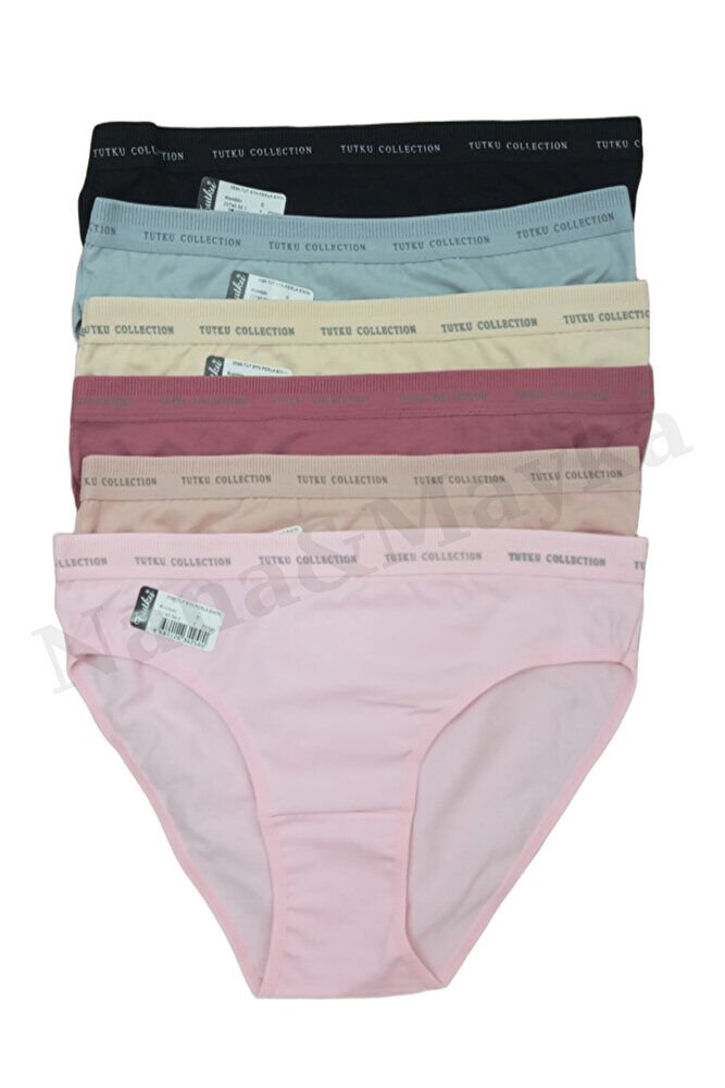 6'lı Tutku Kadın Pamuklu Beli Yazılı Lastikli Bikini Külot Karışık Renk 0599 M-L