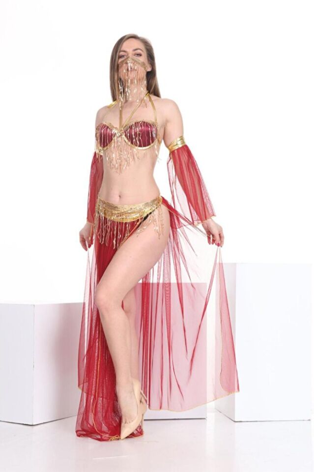 Peçeli Püsküllü Fantezi Gold Detaylı Tül Fantezi Oryantal Kadın Dansöz Kıyafeti Kırmızı