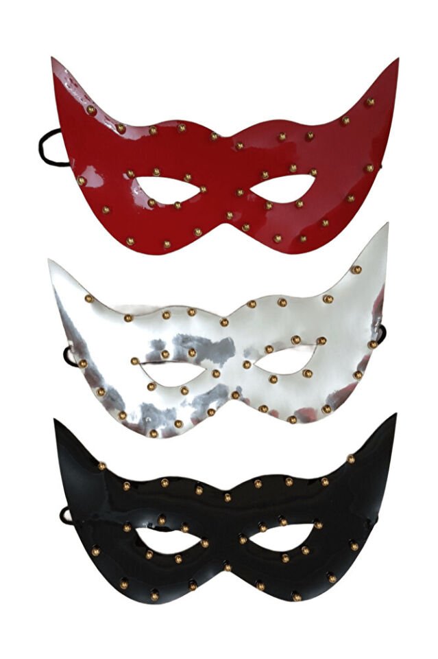 3’lü Suni Deri Gold Inci Boncuklu Parti Maskesi & Gözlüğü – Kırmızı, Silver, Siyah