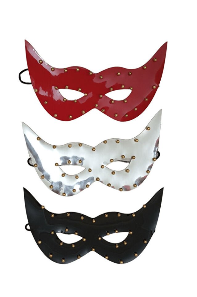 3’lü Suni Deri Gold Inci Boncuklu Parti Maskesi & Gözlüğü – Kırmızı, Silver, Siyah