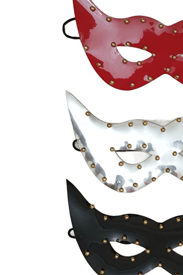 3’lü Suni Deri Gold Inci Boncuklu Parti Maskesi & Gözlüğü – Kırmızı, Silver, Siyah