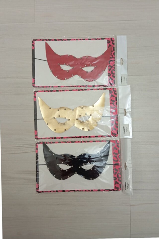 3’lü Suni Deri Silver Inci Boncuklu Parti Maskesi & Gözlüğü – Kırmızı, Gold, Siyah