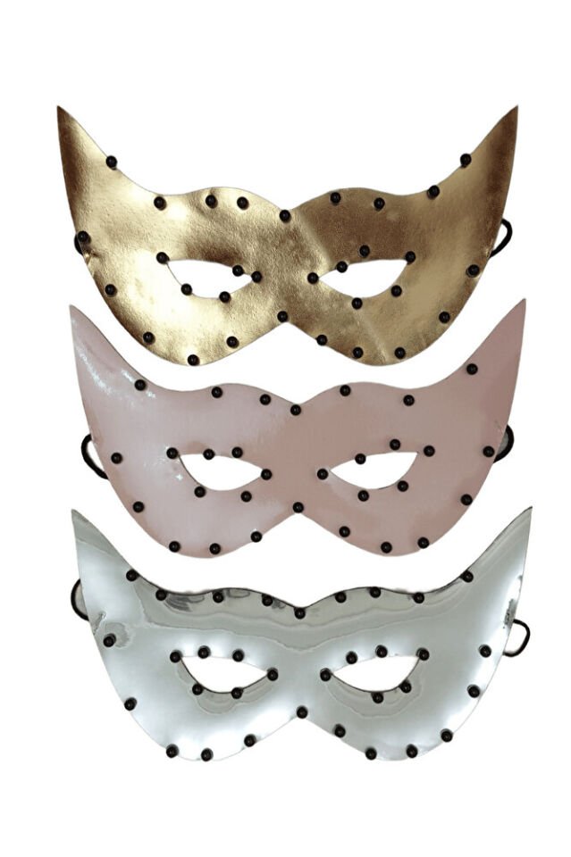 3’lü Suni Deri Silver Inci Boncuklu Parti Maskesi - Gold, Pembe, Silver