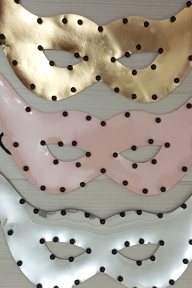 3’lü Suni Deri Silver Inci Boncuklu Parti Maskesi - Gold, Pembe, Silver