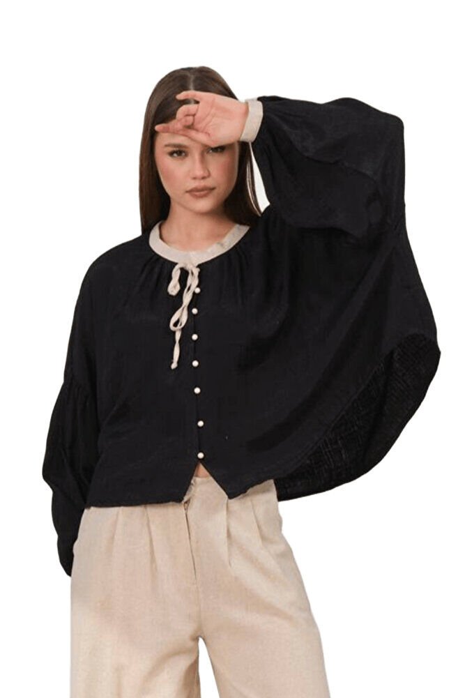 Kadın Oversize Gömlek Garnili Yuvarlak Yaka %100 Viskon Bol Kesim Gömlek 2001