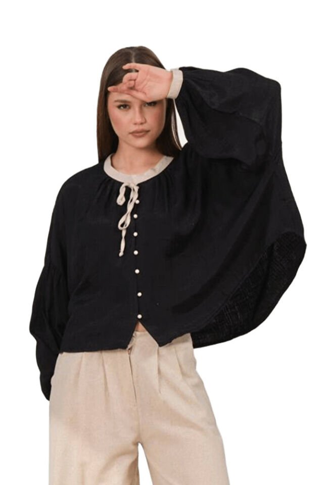 Kadın Oversize Gömlek Garnili Yuvarlak Yaka %100 Viskon Bol Kesim Gömlek 2001