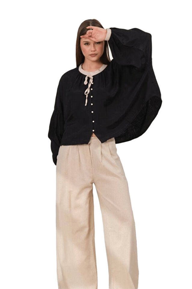 Kadın Oversize Gömlek Garnili Yuvarlak Yaka %100 Viskon Bol Kesim Gömlek 2001