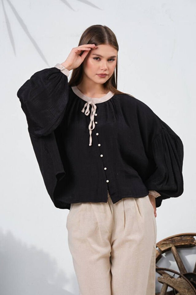 Kadın Oversize Gömlek Garnili Yuvarlak Yaka %100 Viskon Bol Kesim Gömlek 2001