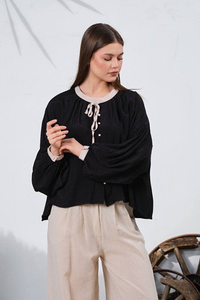 Kadın Oversize Gömlek Garnili Yuvarlak Yaka %100 Viskon Bol Kesim Gömlek 2001