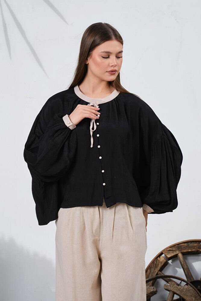 Kadın Oversize Gömlek Garnili Yuvarlak Yaka %100 Viskon Bol Kesim Gömlek 2001