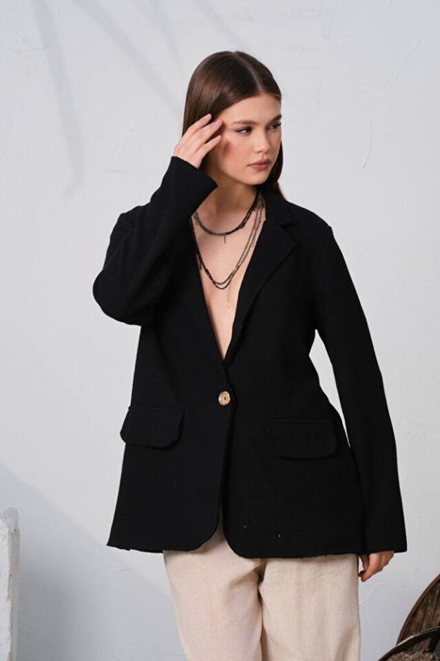 Bol Kesim Düşük Omuz Kadın Blazer Ceket Siyah Oversize Uzun 5001 %100 Pamuk