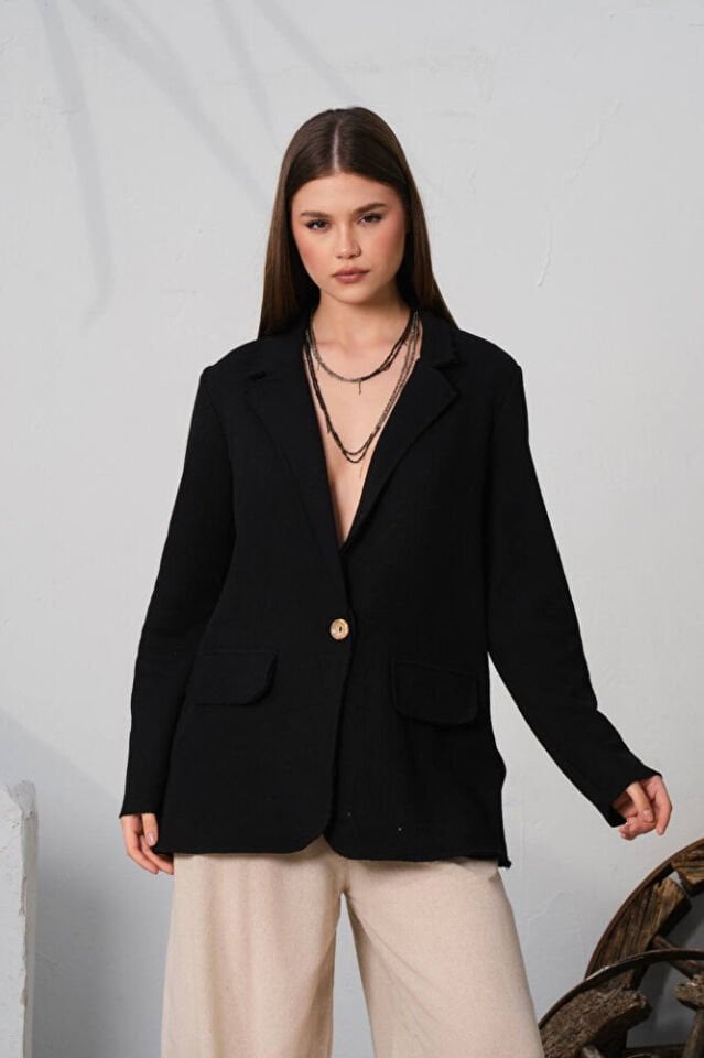 Bol Kesim Düşük Omuz Kadın Blazer Ceket Siyah Oversize Uzun 5001 %100 Pamuk