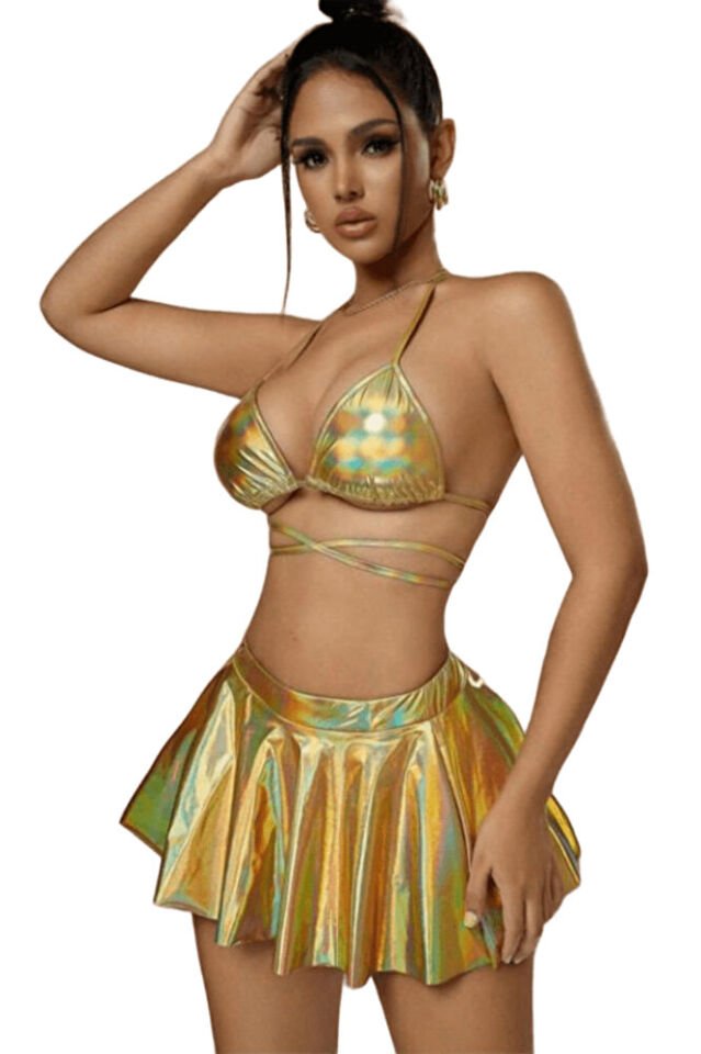 Silver Lame Parlak 3'lü Fantezi Bikini Takım – Boyundan Bağlamalı Sütyen, Etekli, Brazilian Külot