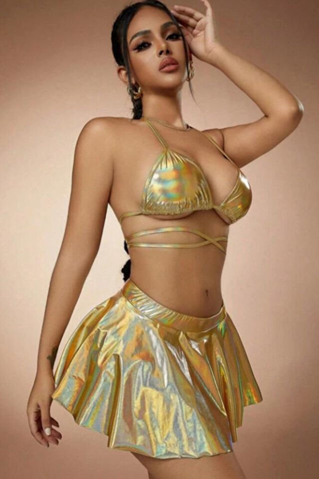 Silver Lame Parlak 3'lü Fantezi Bikini Takım – Boyundan Bağlamalı Sütyen, Etekli, Brazilian Külot