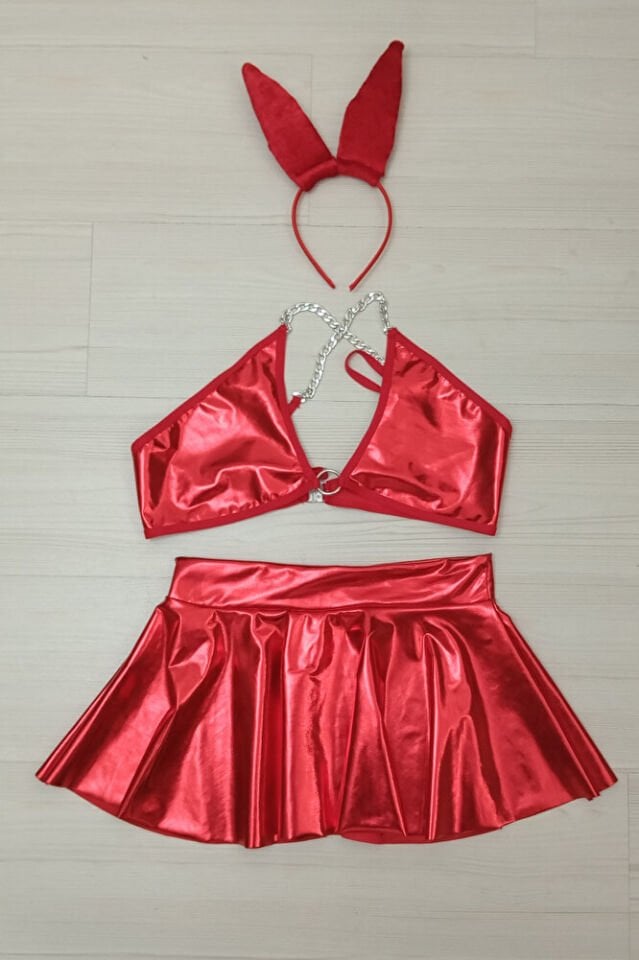 Zincirli Kulaklı Fantazi İç Giyim Kostümü 2503 Kırmızı