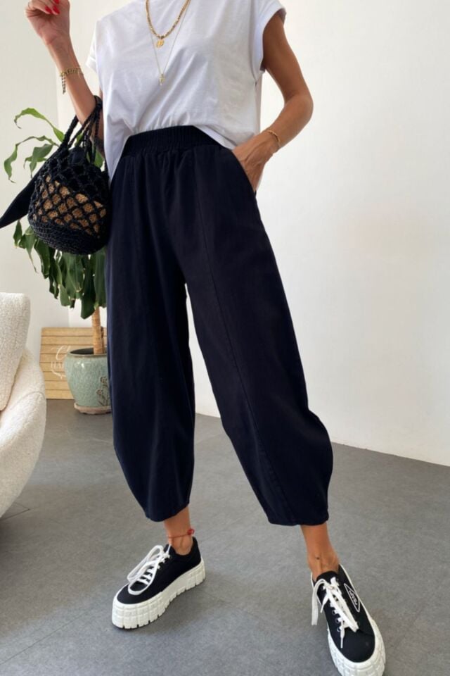 Kadın Şalvar Pantolon Salaş Dört Mevsim Rahat Pamuk Lastikli Bel Günlük Model Gabardin Siyah