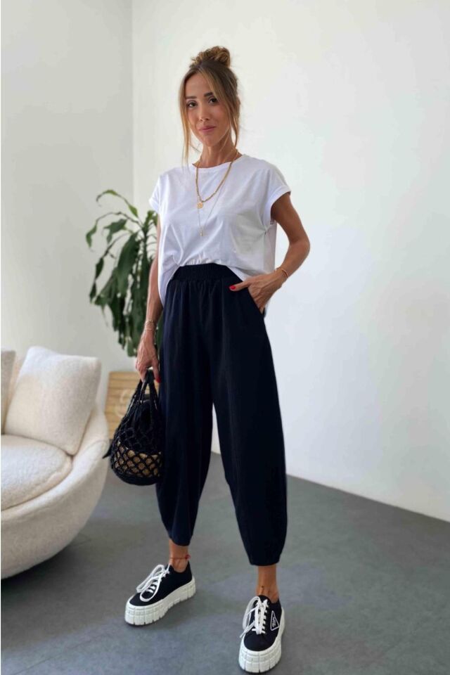 Kadın Şalvar Pantolon Salaş Dört Mevsim Rahat Pamuk Lastikli Bel Günlük Model Gabardin Siyah