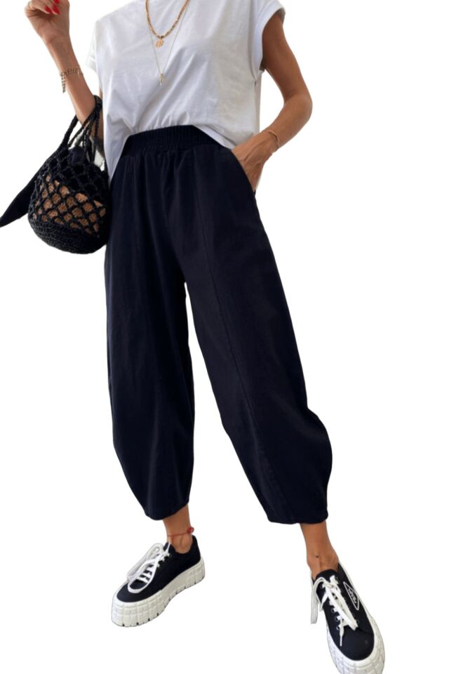 Kadın Şalvar Pantolon Salaş Dört Mevsim Rahat Pamuk Lastikli Bel Günlük Model Gabardin Siyah