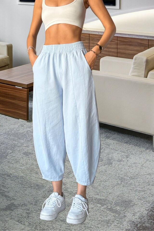 Kadın Bebe Mavi Şalvar Pantolon Salaş Dört Mevsim Rahat Pamuk Lastikli Bel Günlük Model Gabardin
