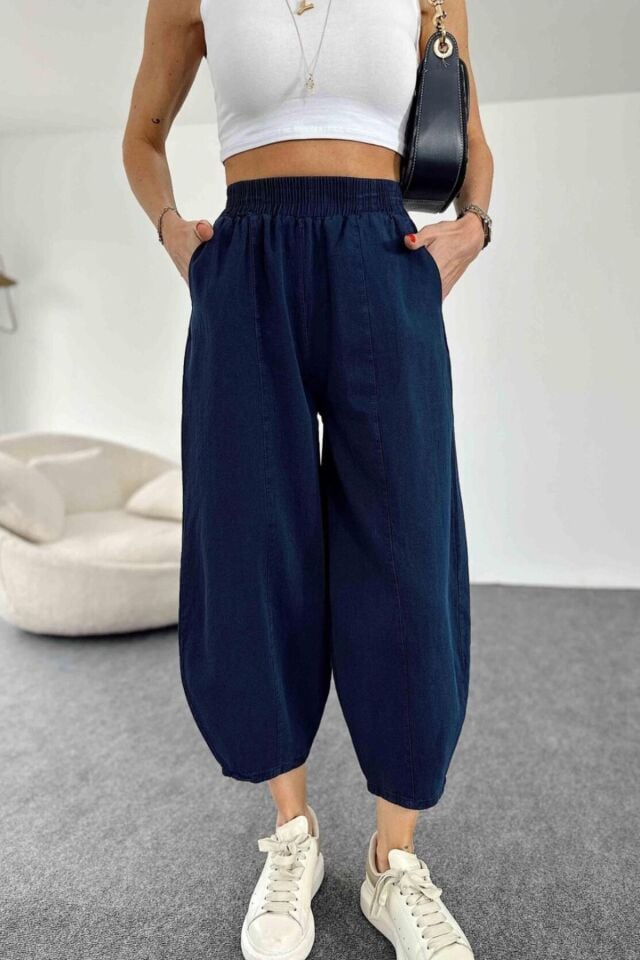 Kadın Lacivert Şalvar Pantolon Salaş Dört Mevsim Rahat Pamuk Lastikli Bel Günlük Model Gabardin