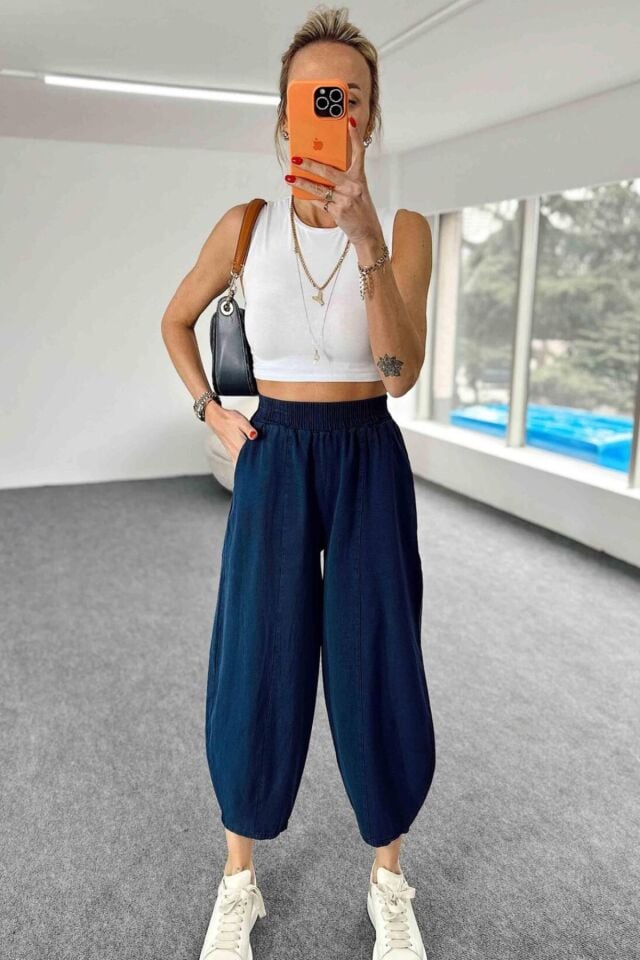 Kadın Lacivert Şalvar Pantolon Salaş Dört Mevsim Rahat Pamuk Lastikli Bel Günlük Model Gabardin