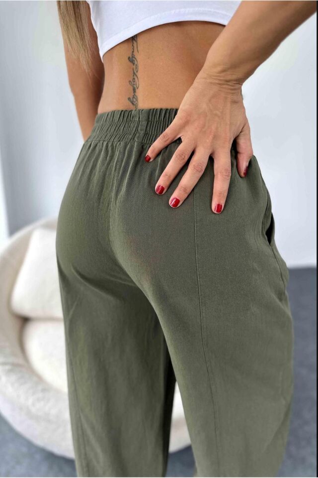 Kadın Haki Şalvar Pantolon Salaş Dört Mevsim Rahat Pamuk Lastikli Bel Günlük Model Gabardin