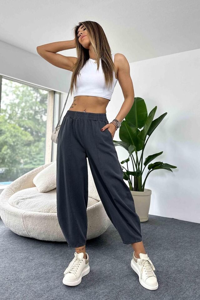 Kadın Antrasit Şalvar Pantolon – Salaş, Dört Mevsim, Rahat, %100 Pamuk Gabardin 4003 Yazlık, Kışllık, Mevsimlik