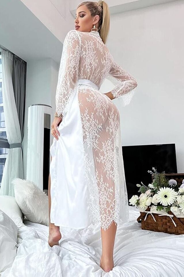 Arkası Ve Kolları Full Dantel Kadın Saten Fantezi Sabahlık 2940 Siyah