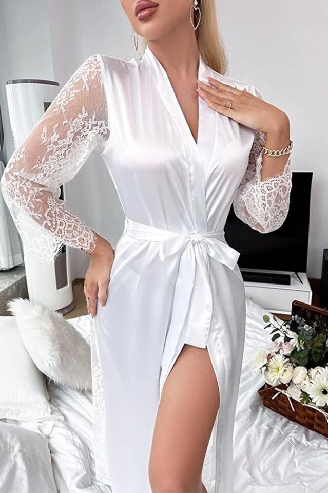 Arkası Ve Kolları Full Dantel Kadın Saten Fantezi Sabahlık 2940 Siyah