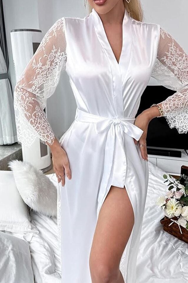 Arkası Ve Kolları Full Dantel Kadın Saten Fantezi Sabahlık 2940 Siyah