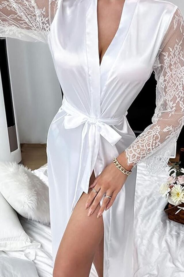 Arkası Ve Kolları Full Dantel Kadın Saten Fantezi Sabahlık 2940 Siyah