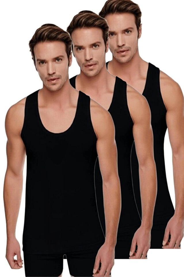 3'lü %100 Pamuk Penye Askılı Siyah Tutku Erkek Atlet Klasik 101