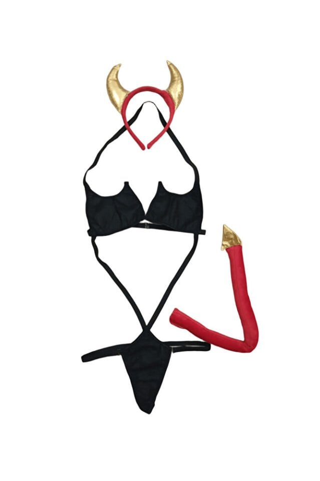 Şeytan Kız Kadın Fantazi İç Giyim Fantezi Kostüm Takım Siyah Standart S M L