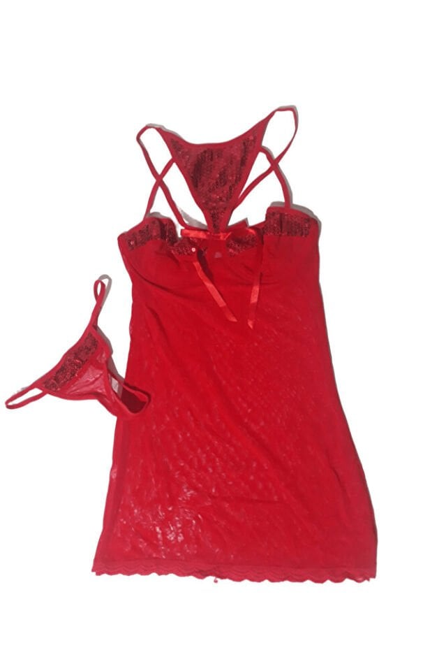 Pullu Gerdanlıklı Kadın Fantazi İçgiyim Gecelik Babydoll Takım Kırmızı Yılbaşı SM