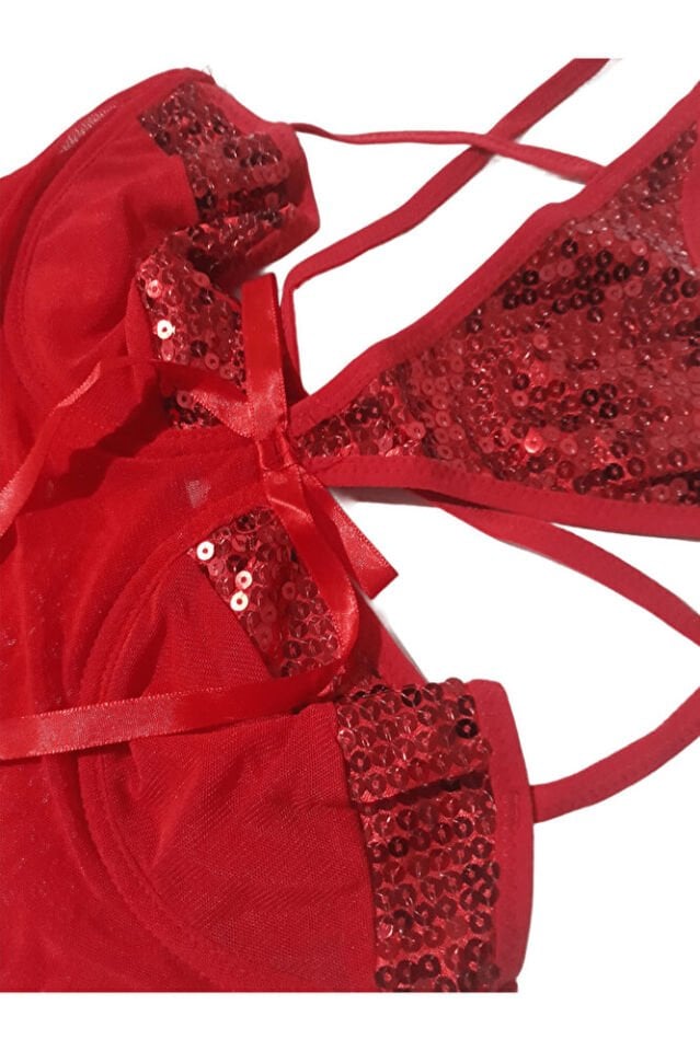 Pullu Gerdanlıklı Kadın Fantazi İçgiyim Gecelik Babydoll Takım Kırmızı Yılbaşı SM