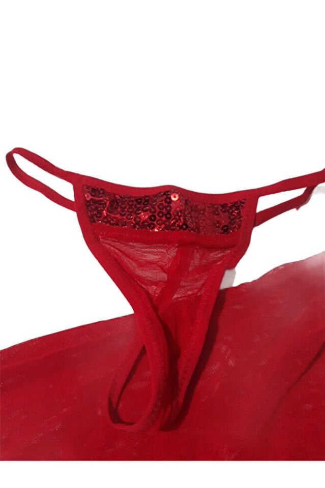 Pullu Gerdanlıklı Kadın Fantazi İçgiyim Gecelik Babydoll Takım Kırmızı Yılbaşı SM