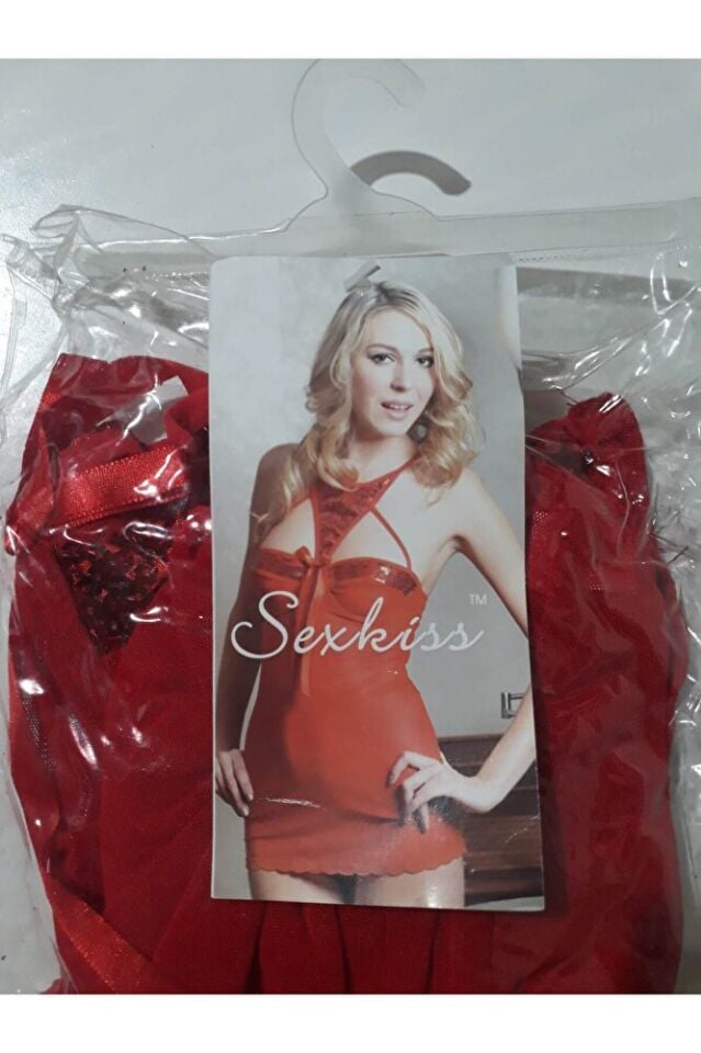 Pullu Gerdanlıklı Kadın Fantazi İçgiyim Gecelik Babydoll Takım Kırmızı Yılbaşı SM
