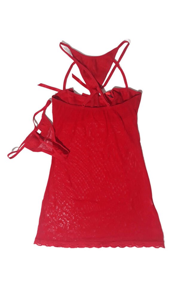 Pullu Gerdanlıklı Kadın Fantazi İçgiyim Gecelik Babydoll Takım Kırmızı Yılbaşı SM