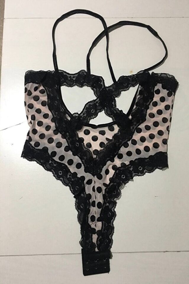 Göğüs Dekolteli Dantelli File Puantiyeli Fantazi Bodysuit Toz Pembe Standart SML