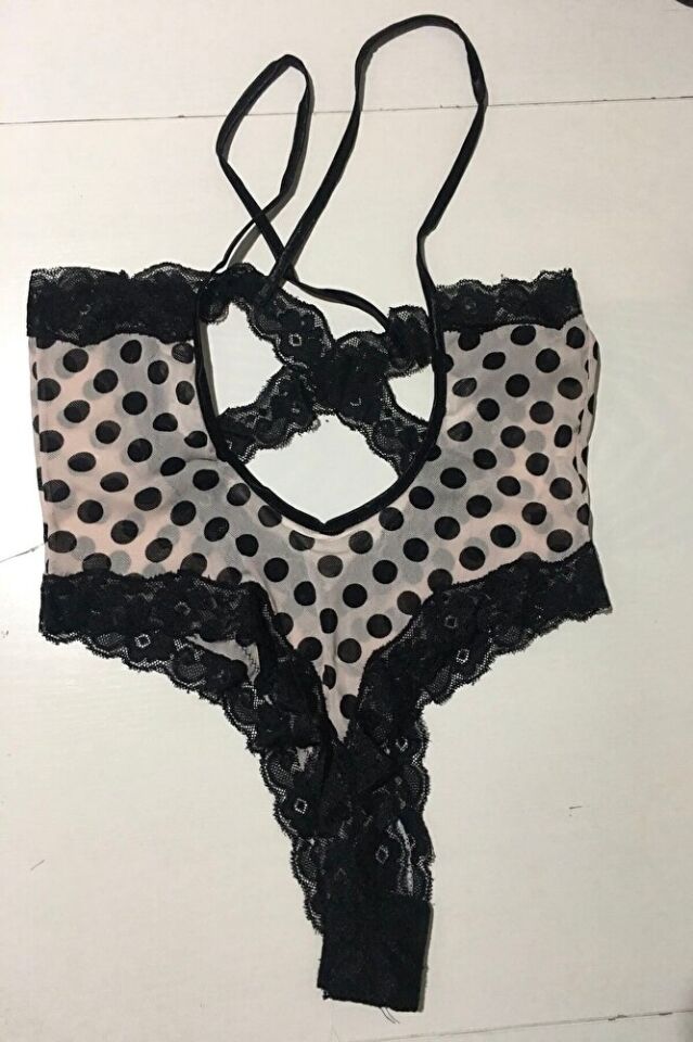 Göğüs Dekolteli Dantelli File Puantiyeli Fantazi Bodysuit Toz Pembe Standart SML