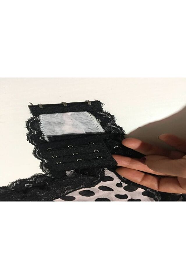 Göğüs Dekolteli Dantelli File Puantiyeli Fantazi Bodysuit Toz Pembe Standart SML