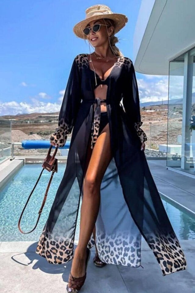 Kadın Siyah Leopar Desenli Şifon Uzun Plaj Kimono – Kuşaklı, Hafif Pareo Elbise Standart Beden
