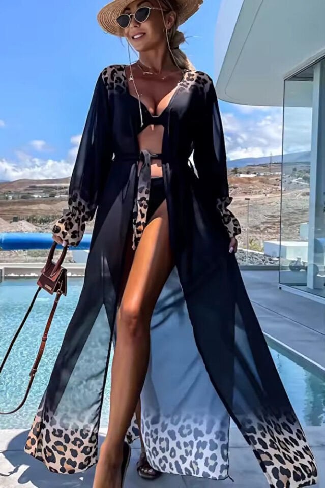 Kadın Siyah Leopar Desenli Şifon Uzun Plaj Kimono – Kuşaklı, Hafif Pareo Elbise Standart Beden
