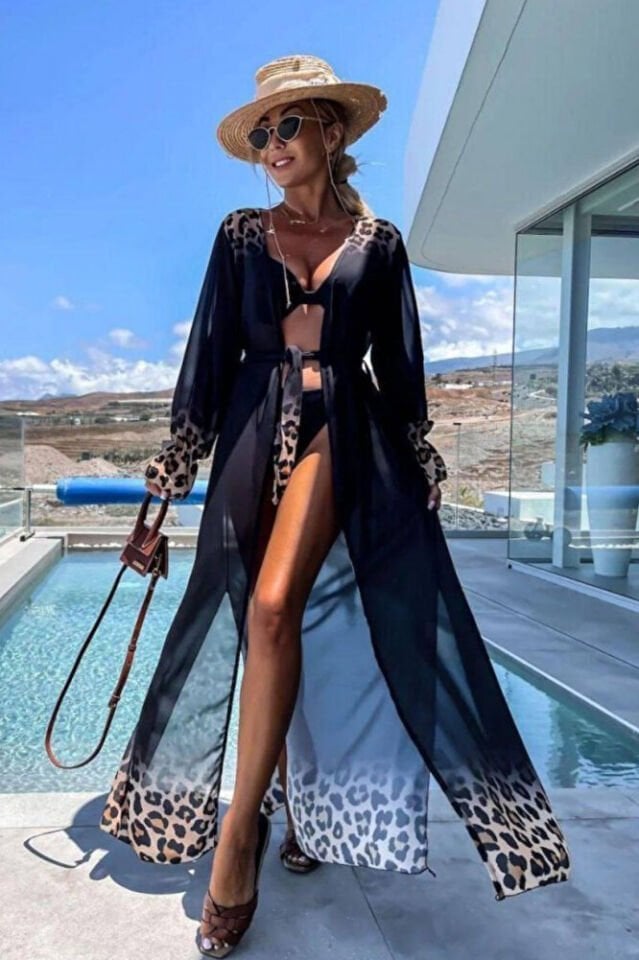 Kadın Siyah Leopar Desenli Şifon Uzun Plaj Kimono – Kuşaklı, Hafif Pareo Elbise Standart Beden
