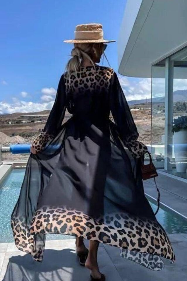 Kadın Siyah Leopar Desenli Şifon Uzun Plaj Kimono – Kuşaklı, Hafif Pareo Elbise Standart Beden