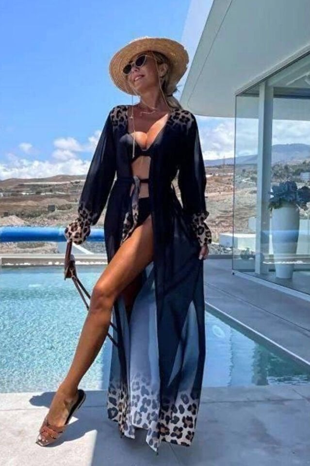 Kadın Siyah Leopar Desenli Şifon Uzun Plaj Kimono – Kuşaklı, Hafif Pareo Elbise Standart Beden