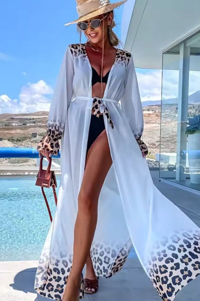 Kadın Beyaz Leopar Desenli Şifon Uzun Plaj Kimono – Kuşaklı, Hafif Pareo Elbise